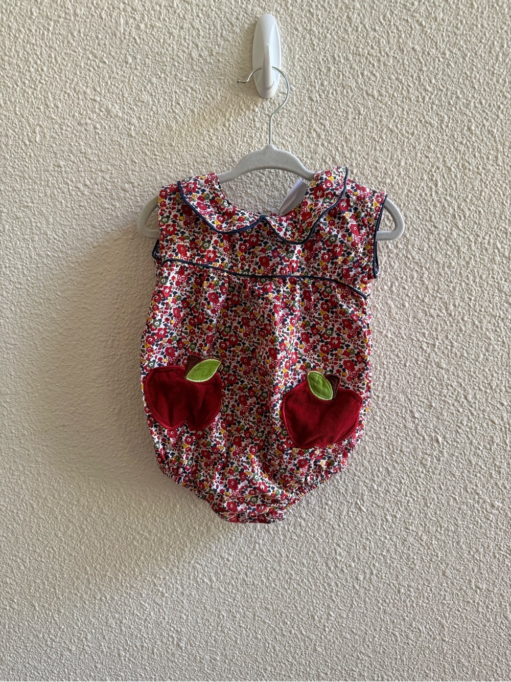 Baby Girl Red Floral Romper with Apple Pockets